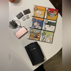 Nintendo DS Lite Metallic Rose Bundle - Working Console + 8 Games & Case